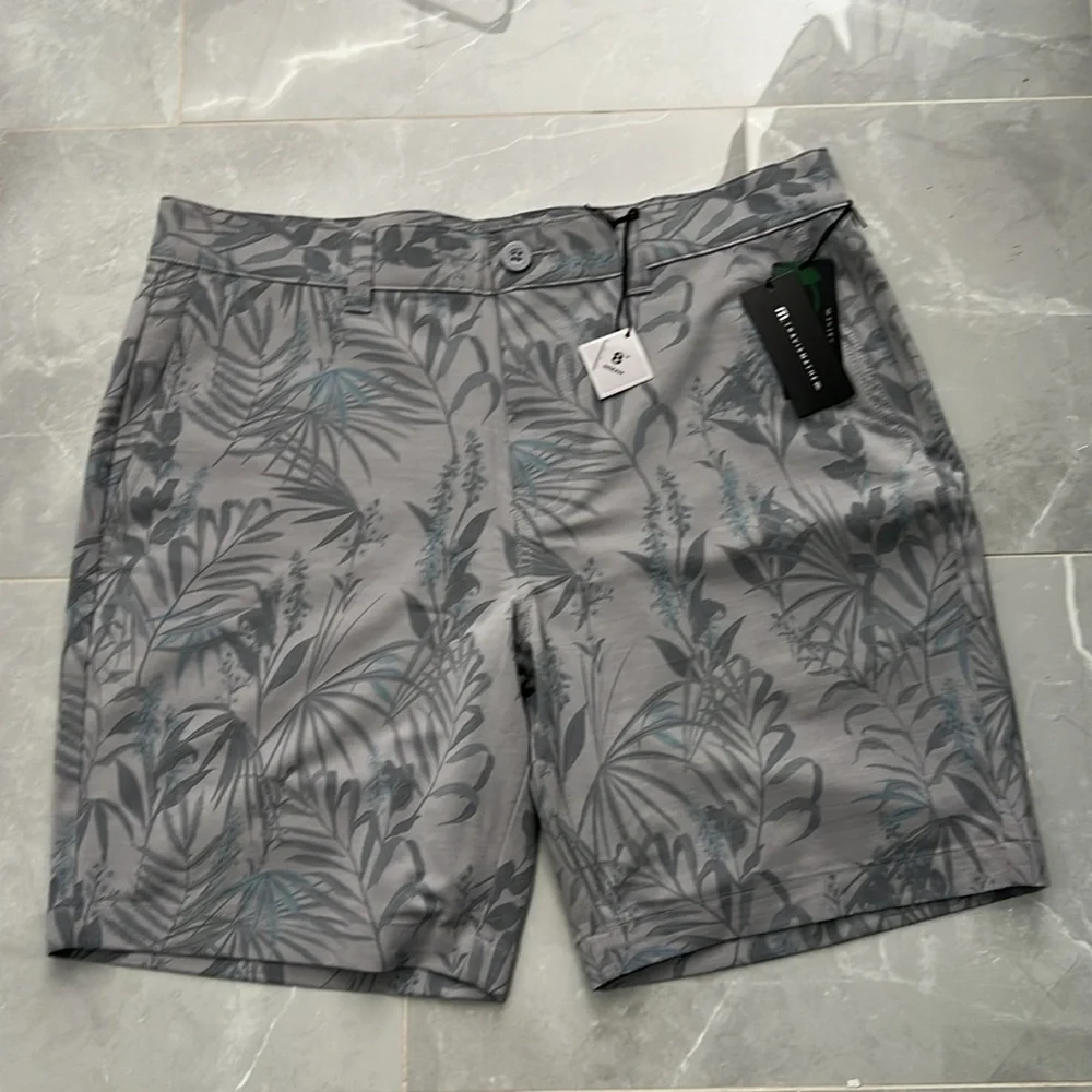 NWT Travis Mathew Gray and Blue Flat Front Shorts with Tropical Print 8” Inseam